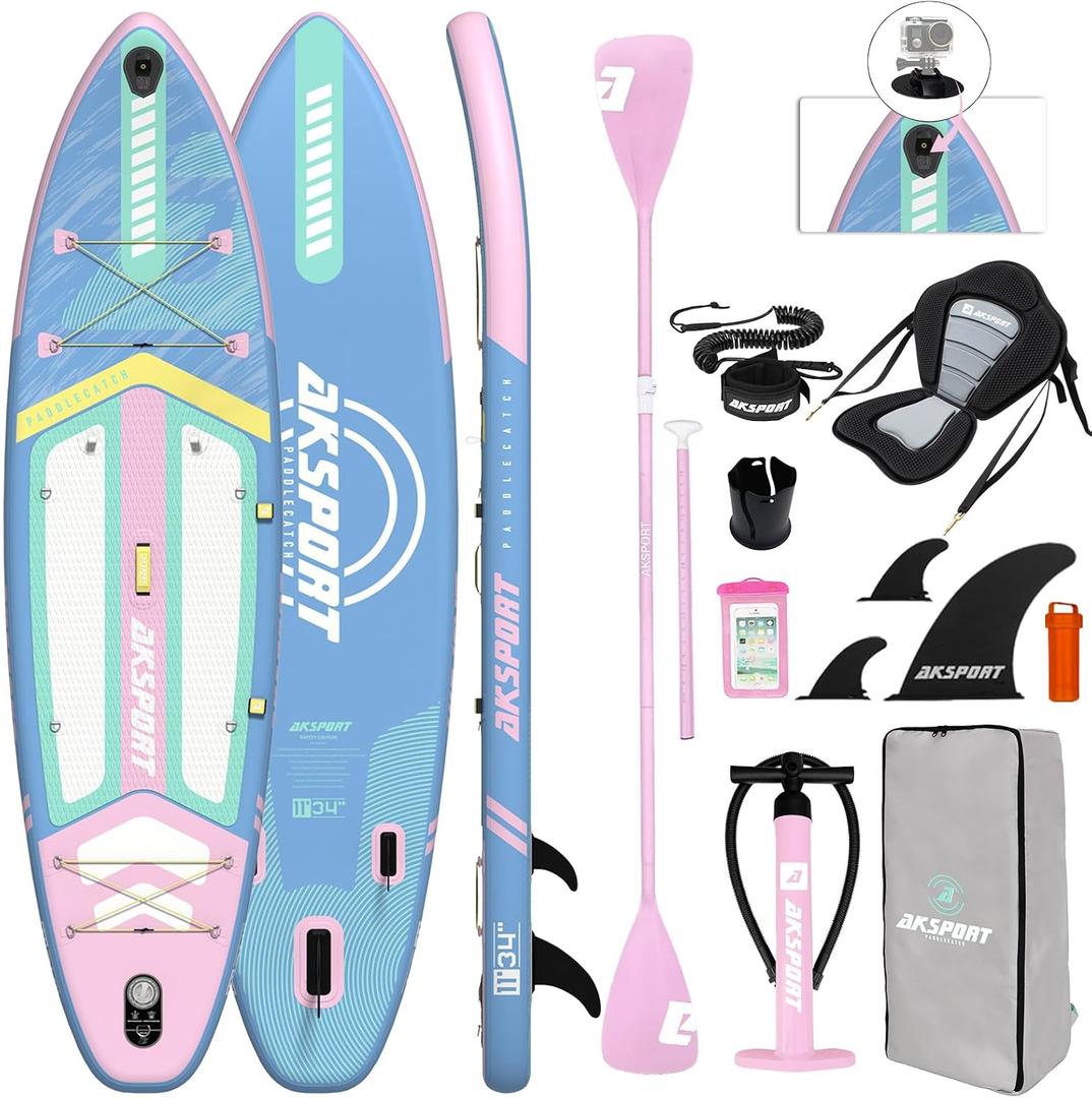 AKSPORT 11' Inflatable Stand-Up Paddle Board with Upgraded SUP Accessories Kit | Extra Wide 34" Design | Non-Slip Deck | Premium SUP Board for Adults & Youth of All Levels