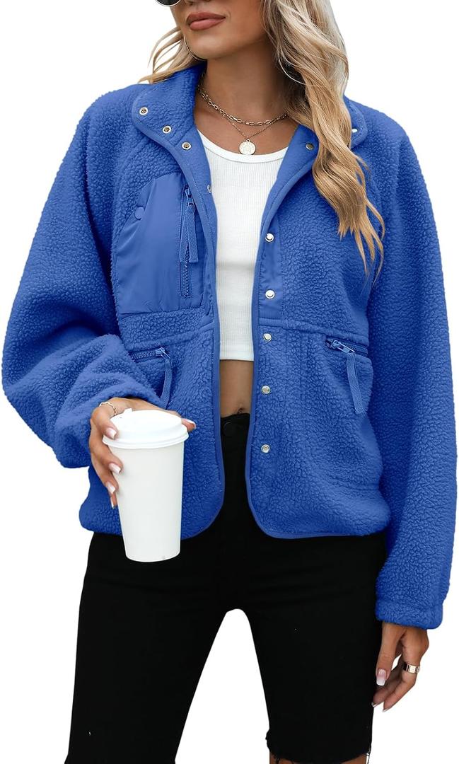 Yanekop Sherpa Jacket Women Fall Winter Faux Fur Coat Fuzzy Fleece Jacket Button Up Cozy Sweaters Warm Winter Clothes(A Klein Blue, S)