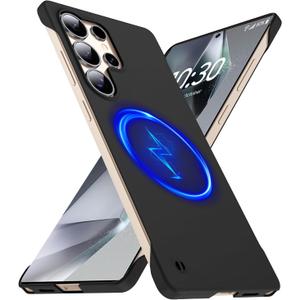 Magnetic Slim Case Fit for Samsung Galaxy S25 Ultra Case 6.9(2025) Ultra-Thin Lightweight Durable Frameless Matte Hard for MagSafe Cover Case with Pull Ring Shockproof Non Slip Rope-Black