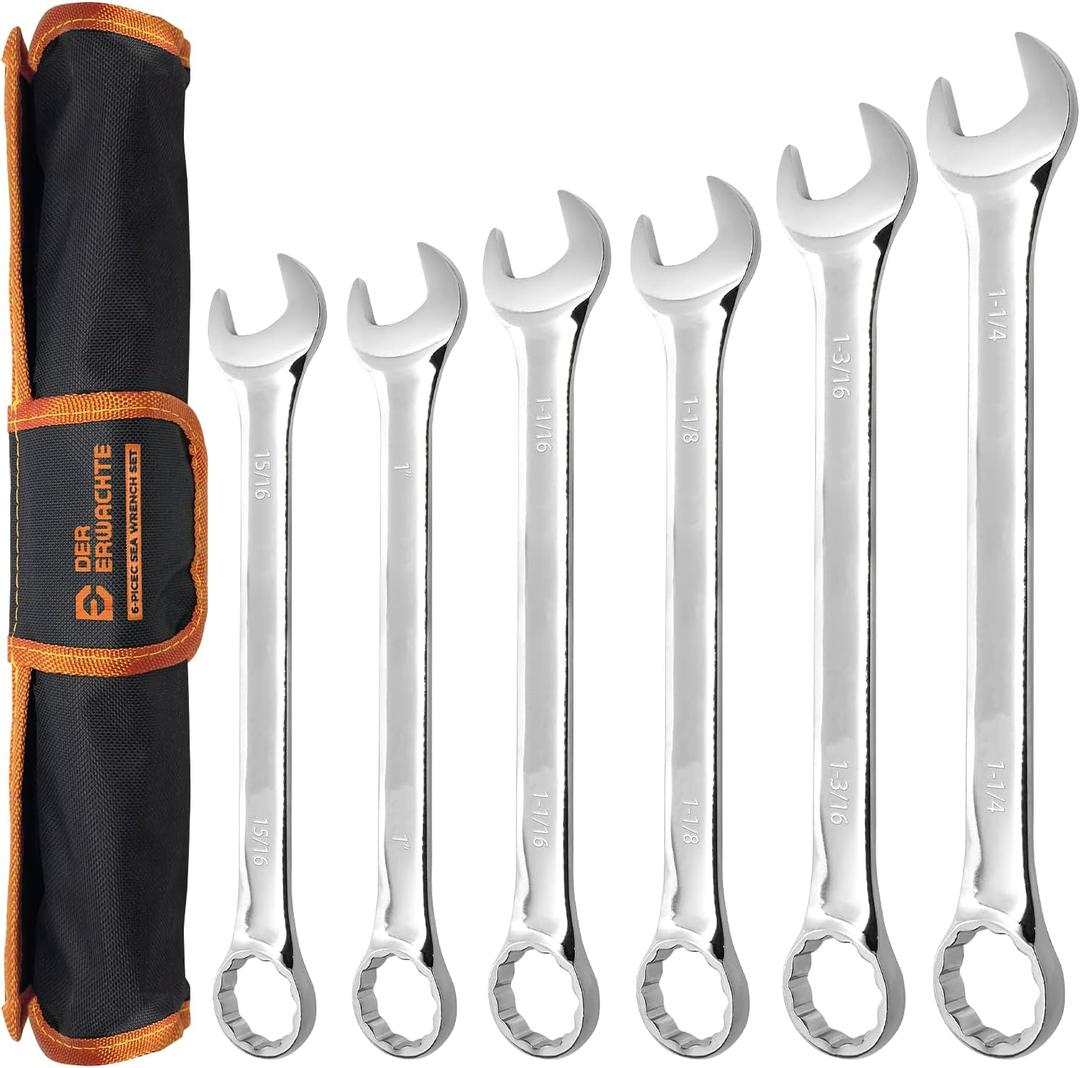 Large Wrench Set with Rolling Pouch, SAE, 6-Piece, 15/16, 1, 1-1/16, 1-1/8, 1-3/16, 1-1/4, 12 Point, Chrome Vanadium Steel