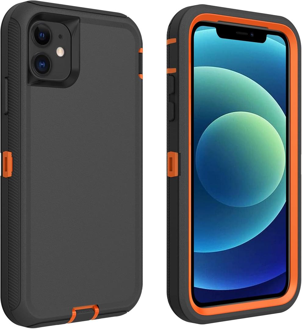 For iPhone 12 Case/12 Pro Case, (Not Fit 12 Mini) Defender Case Heavy Duty Shockproof Dustproof 3 in 1 Rugged Protective Phone Cover for iPhone 12 Pro/12 6.1 Inch (Orange/Black)
