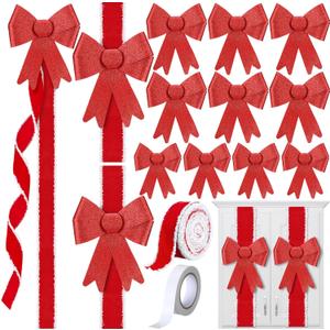 16 Pcs Velvet Christmas DIY Cabinet Ribbons Bows Large Christmas Door Kitchen Ribbon Cabinet Bows with 27 Meter Velvet Ribbons for DIY Xmas Holidays Kitchen Party Decorations (Red)