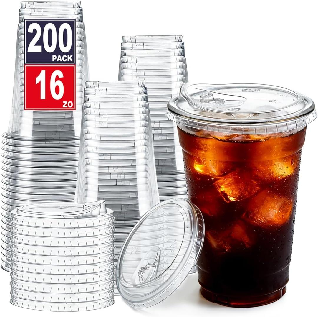 ARTLYMERS 200 Pack - 16 oz Clear Plastic Cups with Lids, Disposable Iced Coffee Cups with Sip Lids for Cold Drinks, Strawless Crystal To Go Cup, Smoothie, Milkshakes, Juices, Coffee Accessories
