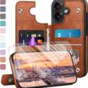 Compatible with iPhone 16 Case Wallet, Card Holder Case with [2 Screen Protectors] Cover with [RFID Blocking Leather] Shockproof Women Men Cases 6.1" for Apple 16 Light Brown