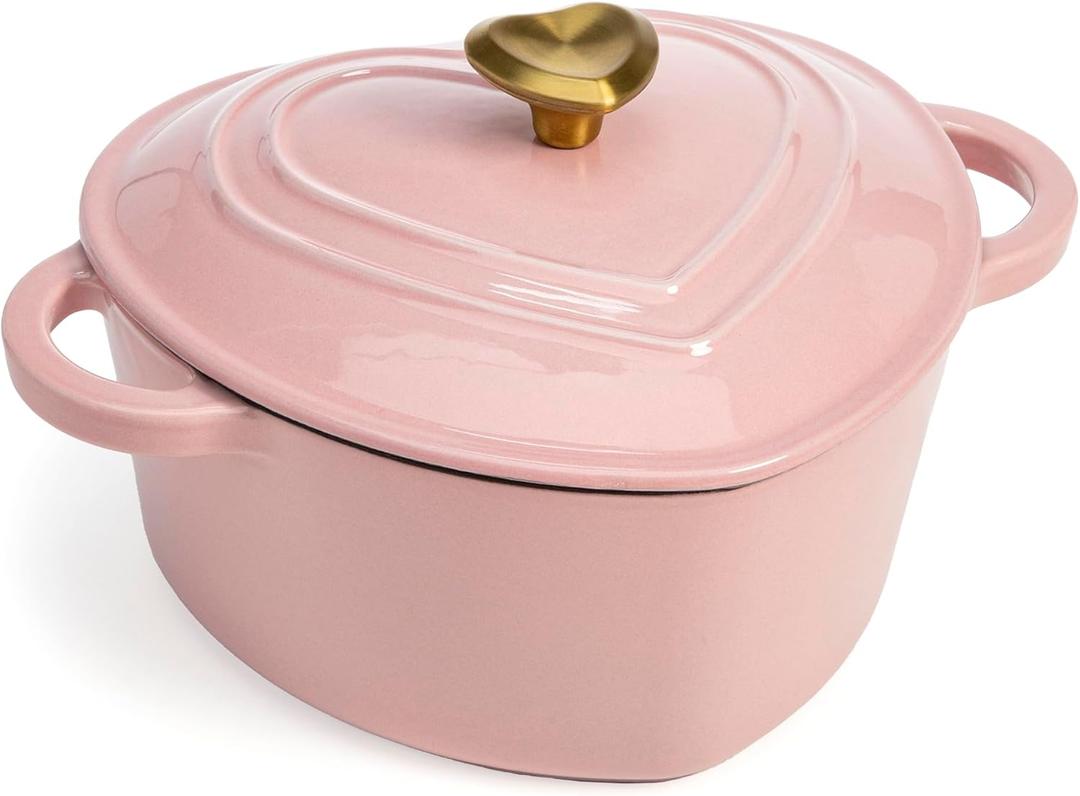 Paris Hilton Enameled Cast Iron Dutch Oven HeartShaped Pot with Lid, Dual Handles, Works on All Stovetops, Oven Safe to 500°F, 4Quart, Pink