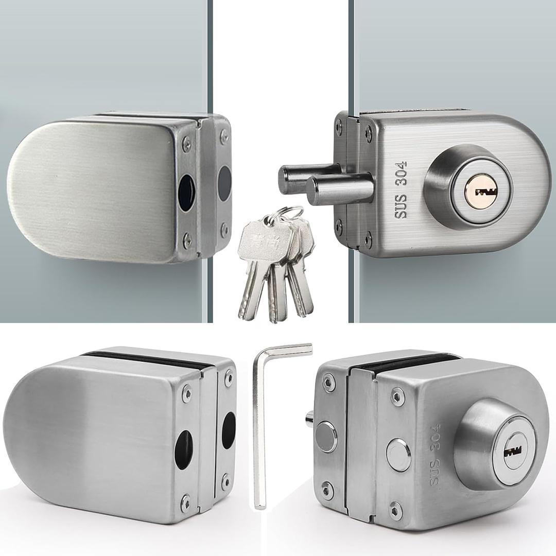 Glass Door Lock Fit for 10 mm -12 mm, Thicked Glass Security Lock 304 Stainless Steel Double Swing Push Sliding with 3 Keys for Glasses Doors, No Drill Needed