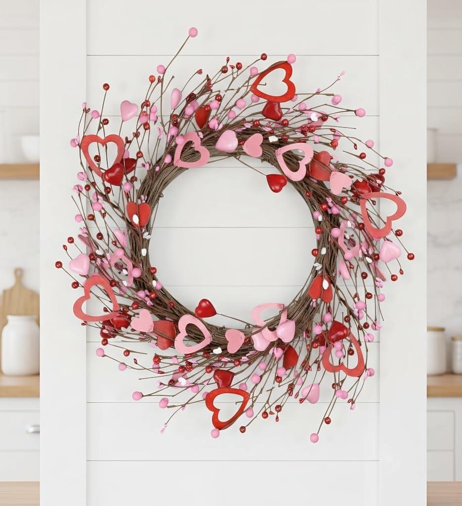 12 Inch Valentines Day Wreath, Pink Red White Farmhouse Style | Artificial Front Door Decor with Wooden Hearts & Berries, for Indoor/Outdoor Anniversary, Wedding & Seasonal Decorations