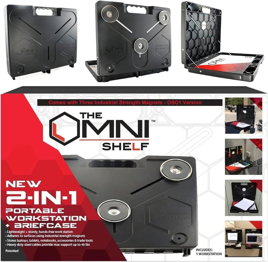 The OmniShelf Magnetic Portable Workstation + Toolbox, Computer & Laptop Stand, Multimeter Case, Utility Shelf w/ 40 lb Capacity, Hands Free Workstation Attaches to HVAC, Trucks & More (2 Count)