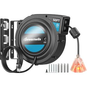 DEWENWILS Extension Cord Reel with Twist-lock Stopper, Brighter Triple Tap Outlet Heavy Duty Power Retractable Cord Reel, 180 Swivel Bracket for Ceiling or Wall Mount, ETL Listed, Black