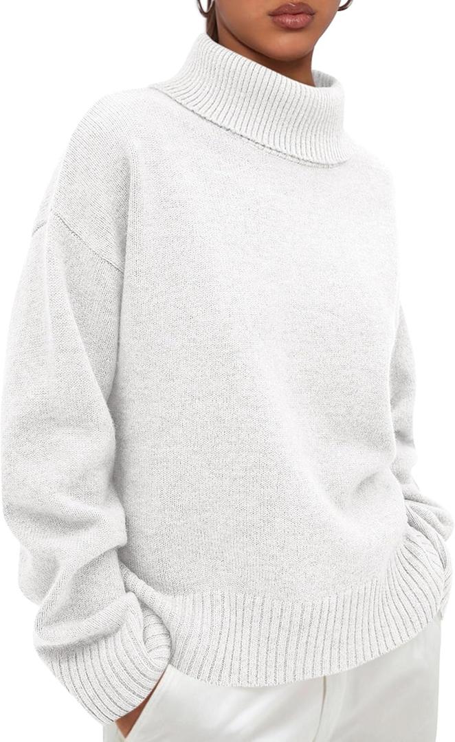 PRETTYGARDEN Womens Turtleneck Long Sleeve Sweater 2026 Fall Trendy Loose Fit Casual Tops Chunky Knit Pullover Sweaters (Medium, White)