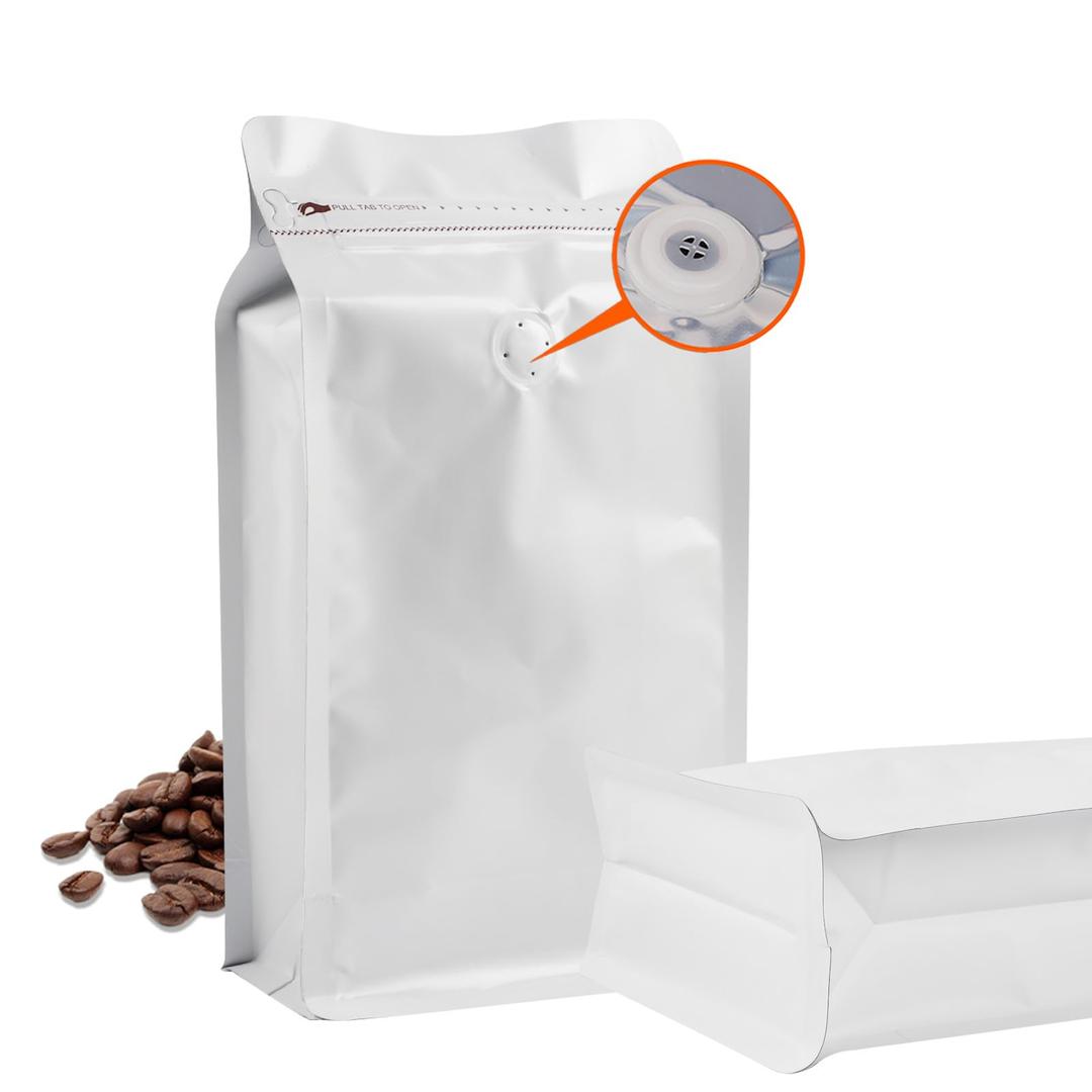 Coffee Bags with Valve (8oz/ 0.5lb, 50PCS), Kraft Paper Stand Up Pouches with High Barrier Foil Liner, Flat Bottom Resealable & Heat Sealable Bags for Coffee Beans,Candy & Small Business(White)