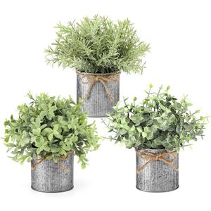 Mkono Small Fake Plants in Farmhouse Galvanized Metal Pots 3 Pack Potted Artificial Plant Eucalyptus for Laundry Room Bathroom Shelf Table Decor (Grey)
