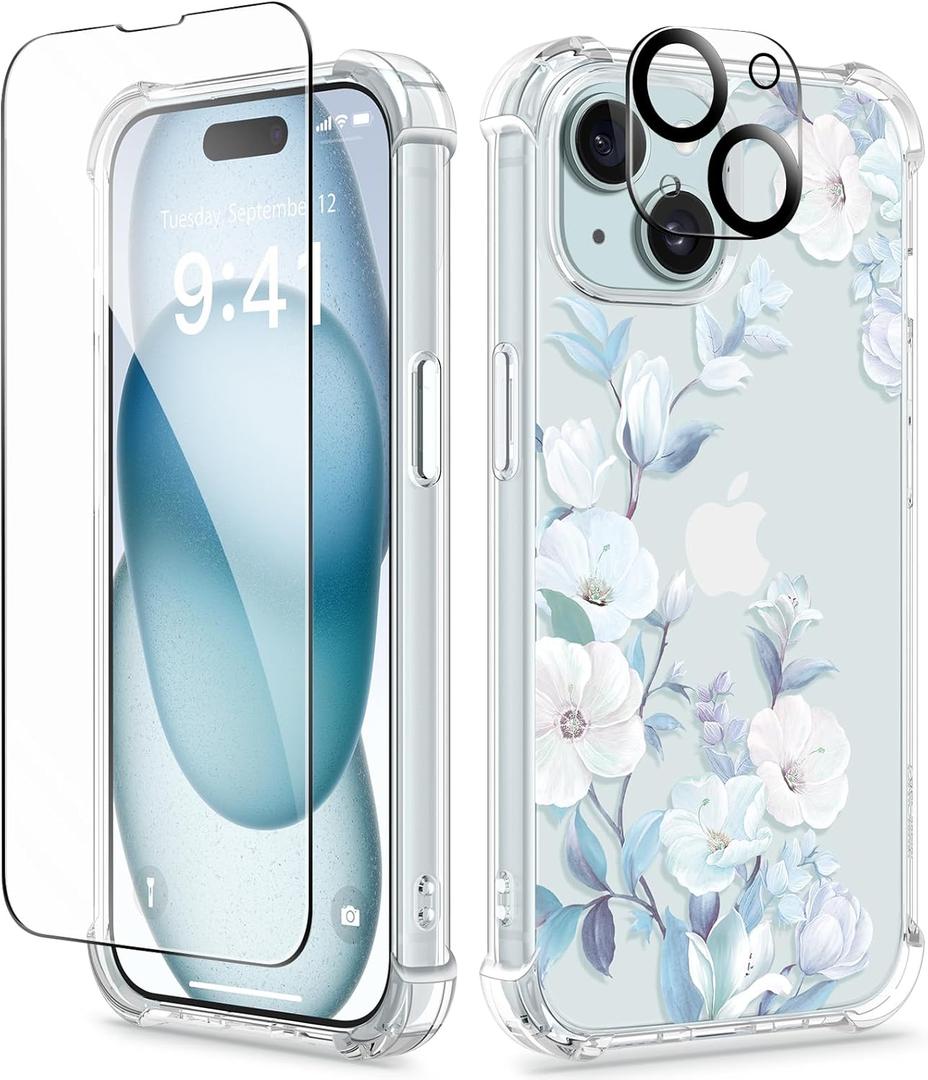 GVIEWIN for iPhone 15 Case Floral, with Screen Protector & Camera Lens Protector,[Non Yellowing] Soft Shockproof Clear Phone Protective Cover for Women, Flower Pattern Design 6.1" (Hibiscus)