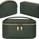KTMOUW Makeup Bag 3 Pcs Waterproof Cosmetic Bag Set Portable Travel Cosmetic Bag Multifunction Organizer Storage Bag Weave Toiletry Bag for Women, Deep Green