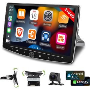 [2G+64G] 10 inch Android 13 Single Din Touch Screen Car Stereo Rotatable Carplay Radio with Wired/Wireless Carplay & Android Auto, Hi-Fi/Bluetooth/SWC/GPS+AHD Backup Camera