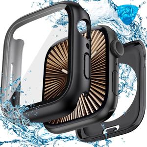 3 in 1 Goton Waterproof Hard Case for Apple Watch Screen Protector 46mm, 360 Slim Full Protective Tempered Glass Face Cover + Back Hard PC Bumper for iWatch Series 11/10, 46mm Matte Black