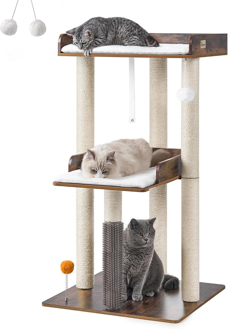 FourFurPets 43.7" Cat Tree, Modern Cat Tree Tower, Cat Tower for Indoor Cats Large Adult, Cat Condo with Scratching Post, Large Perch and Removable Pads,Rustic Brown