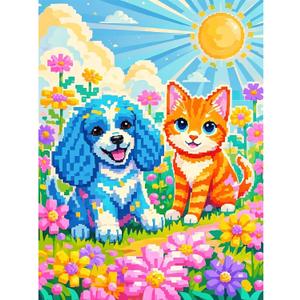 Cat and Dog 5D Diamond Painting Kit for AdultsPixel Style Puppy and Kitten Full Drill DIY Round Gem Art Diamond Art Kits Painting Crafts Ideal for Beginners and Home Wall Decor 12X16inch
