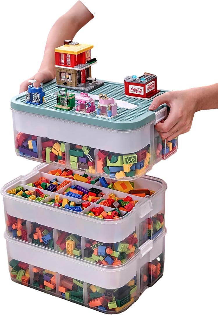 Plastic Storage Organizer for Lego Box Kids Child Toy Stackable Containers with Lids Bins 3 Layers Adjustable Compartments Building Blocks Chest Case