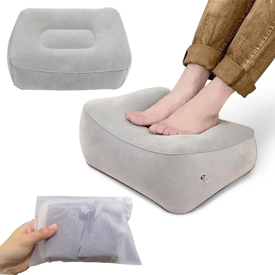 3 x Inflatable Travel Foot Rest Pillow, Head Pad, Soft Flocking Pillow, Flights Relax Cushion Ottomans Leg Up with Air Pump for Office, Home Relax, Camping and Travel Use (Gray, 1 Pcs)