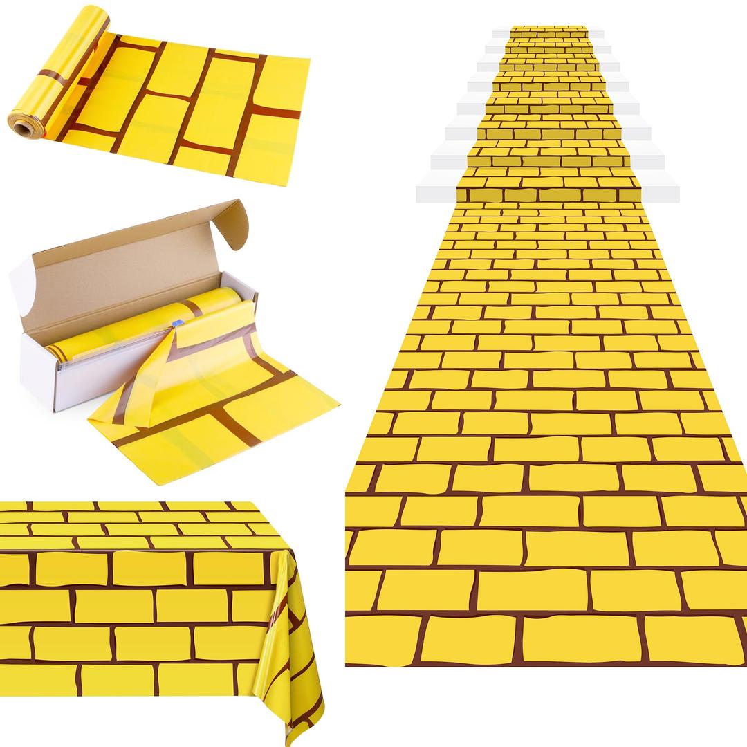 Kochorie 100 Ft x 54 Inch Yellow Brick Road Tablecloth Roll with Cutter Box Disposable Large Stone Brick Floor Runner Wall Backdrops Tablecover for Halloween Medieval Princess Wizard Party Decorations
