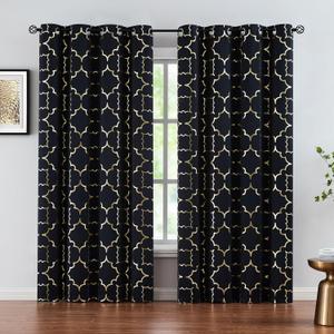 Purainbow Black Blackout Curtain Panels for Bedroom 84" Gold Foil Moroccan Metallic Print Energy Efficient Drapes for Bedroom Living Room, Thermal Insulated Window Treatments Grommet Top 2 Panels