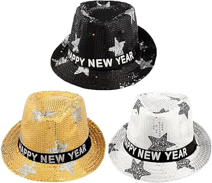 3 Pcs Happy New Year Party Hat Sequin Fedora Hat Flashing New Years