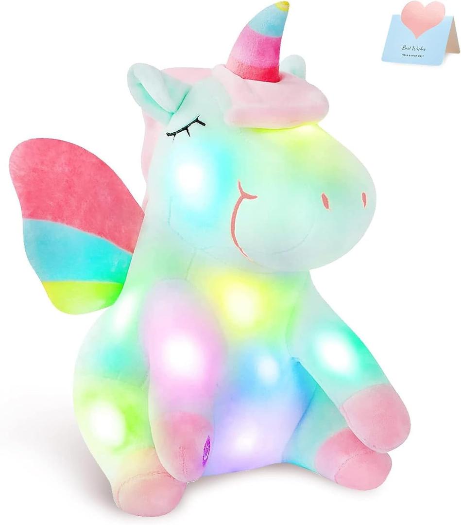 Athoinsu Light up Green Unicorn Stuffed Animal Soft Plush Toy with LED Colorful Night Lights Glowing Children's Day Birthday Valentine's Day for Toddler Kids Girls Women, 12''