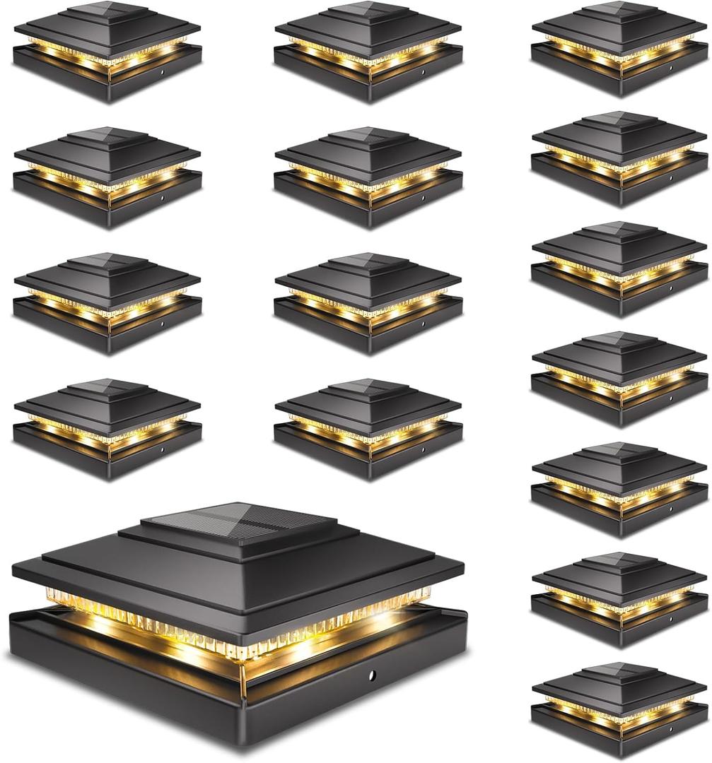 Solar Post Cap Lights Outdoor Pack of 16, Waterproof Fence Post Lights for 4x4 5x5 6x6 Wood/Vinyl Posts, Black Solar Deck Post Lights with 2 Color Modes Decorate Garden Patio Porch Backyard
