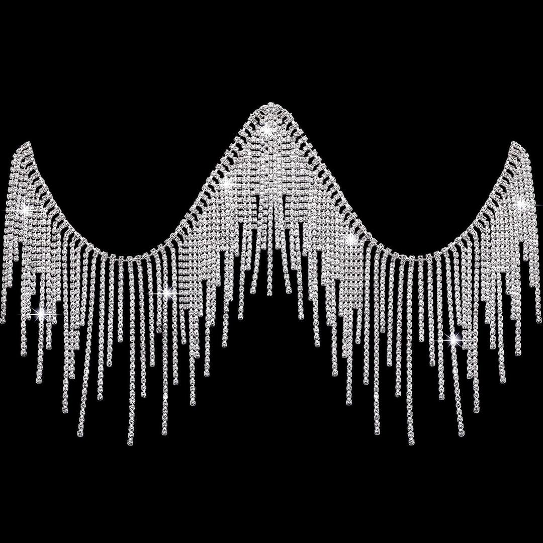 Rhinestone Fringe Rhinestone Fringe Belt Beaded Ribbon Diamond Tassel Chain for Jeans Clothing Accessories DIY Decoration (1 Yard, Silver)