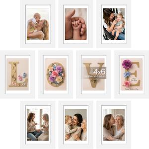 upsimples 4x6 Picture Frame Set of 10, Display Pictures 3.5x5 with Mat or 4x6 Without, Multi Photo Frames Collage for Wall or Tabletop Display, White