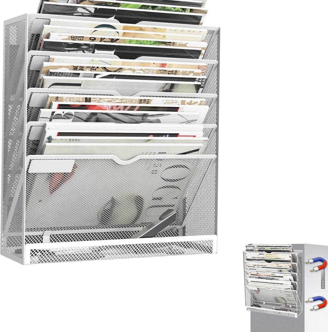 6 Tier Magnetic File Holder, Large Capacity Mesh Hanging Wall Organizer Vertical Magnetic Hanging File Organizer, Magnetic File Folder Holder for File Cabinets, Office, Whiteboard (White)