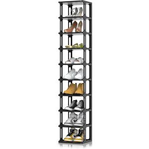 10 Tiers Shoe Rack for Closet Entryway, Narrow Vertical Shoe Organizer for Small Spaces, Stackable Black Shoe Storage Holder, Shoe Tower, 10.55" D x 10.55" W x 56.14" H
