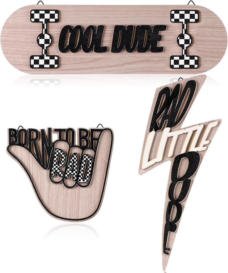 Briwooody 3 Pcs Wood Plaque Sign Rad Little Dude Wood Wall Hanging Tags Cool Nursery Decor Born to Be Dude Wall Sign Gifts for Room Dorm Playroom, Black and White Checked