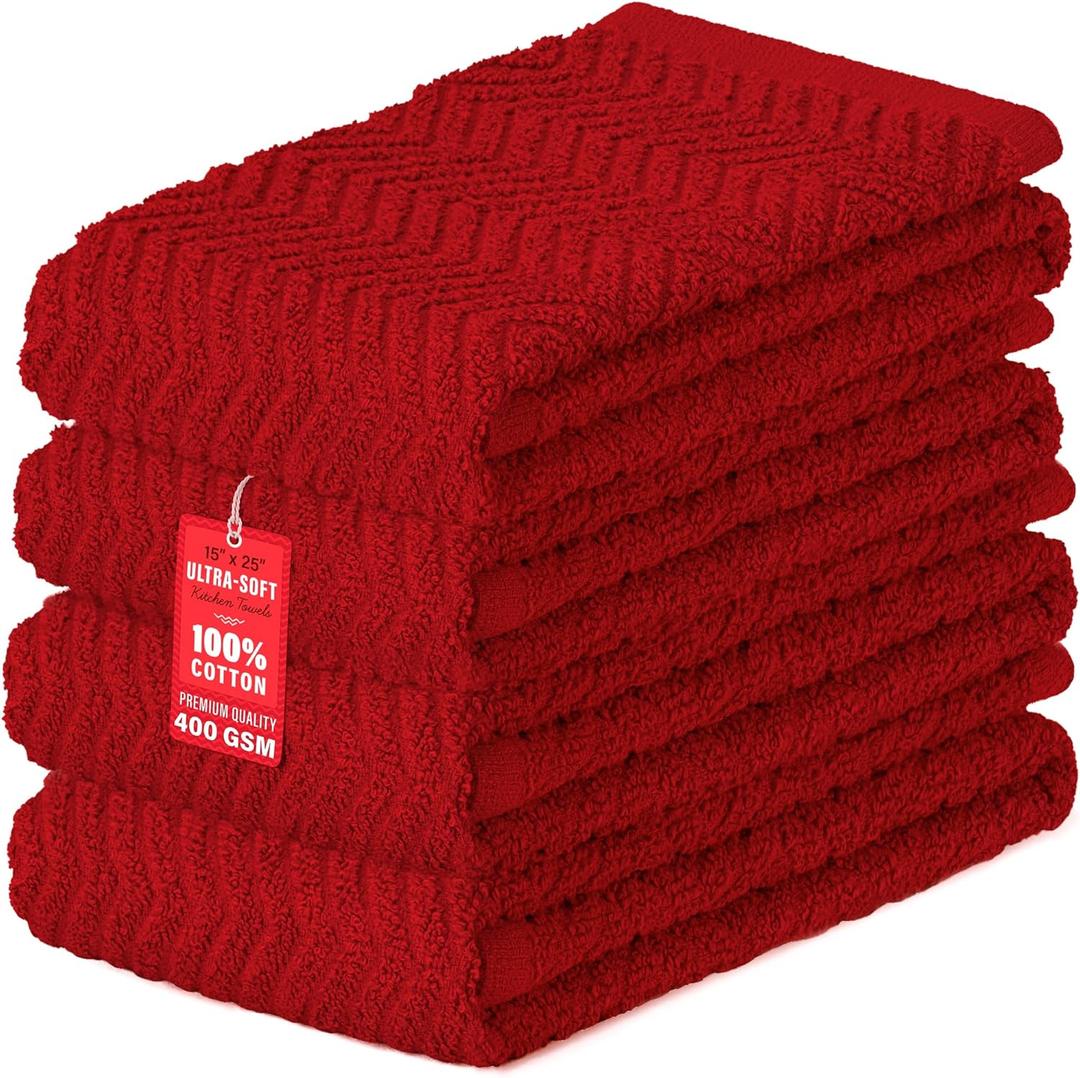 DecorRack 100% Cotton Kitchen Towels, 15" x 25" Absorbent Dish Towels [Premium Quality 400 GSM] Red (Pack of 4)