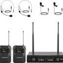 Phenyx Pro UHF Wireless Microphone System w/ 2x30 Tunable Frequencies, Metal Cordless Mic Set, 200 ft Range, 2 Bodypacks & Headsets/Lapel Mics for Speaking, Singing, Church, DJ (PTU522B)