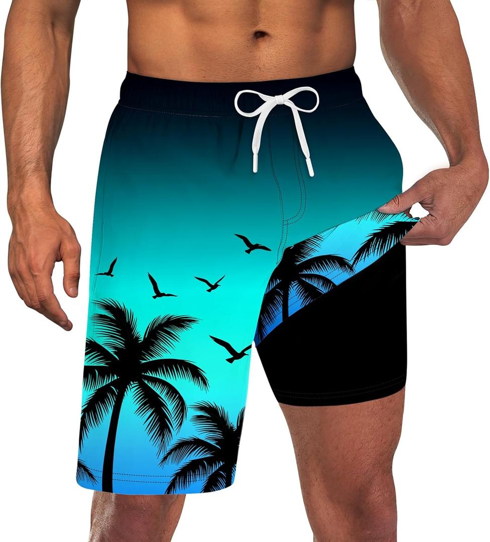 TUONROAD Mens Swim Trunks with Compression Liner 2 in 1 Board Shorts 9 Inch Quick Dry Swimming Trunks with Pockets (XX-Large, Mint Blue Gradient)