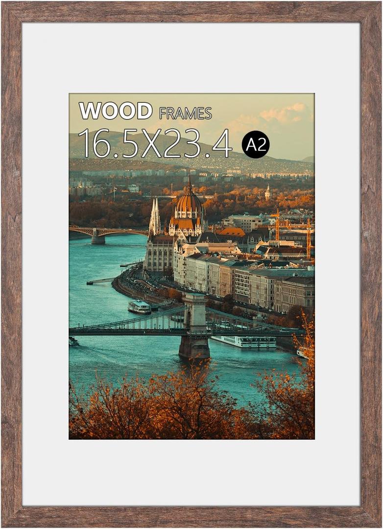 16.5x23.4 A2 Picture Frame Matted to A3 Rustic Brown Wood Display Photo Puzzle Artwork Canvas Art Painting 11.7 x 16.5 with Mat or 16.5 by 23.5 without Mat Horizontal and Vertical for Wall Hanging