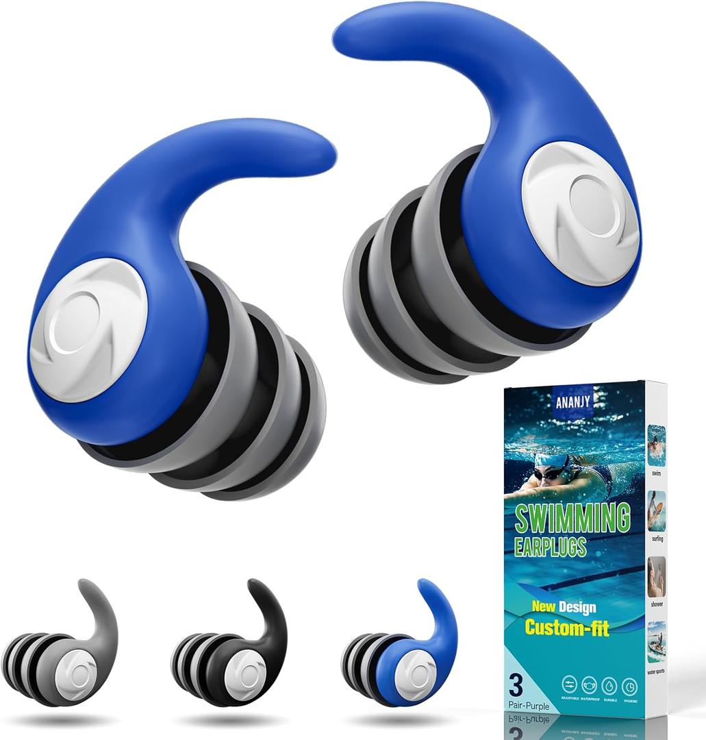 Waterproof Swimming Ear Plugs for Adults - 3 Pairs of Reusable Soft Silicone Swim Earplugs,Perfect for Surfing, Diving,Pool,Showering and Other Water Sports - Keep Water Out and Ear Protection (Adults(12+ Years)-Black, Gray, Blue)