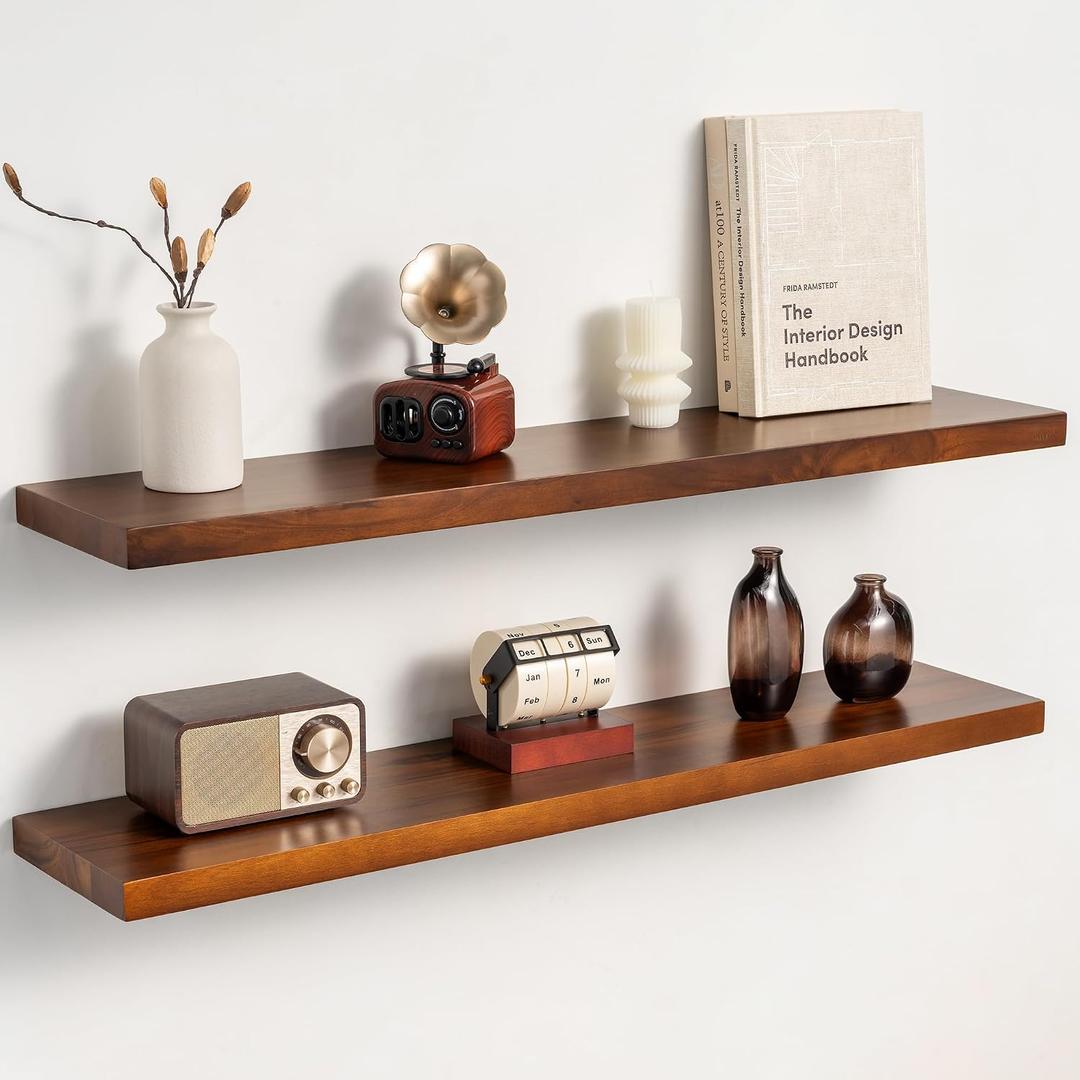 36 Inch Teak Floating Shelves Set of 2 - Solid Natural Wood Wall Mounted Shelves with Invisible Brackets - Heavy Duty Waterproof Storage for Bathroom, Kitchen, Living Room & Outdoor