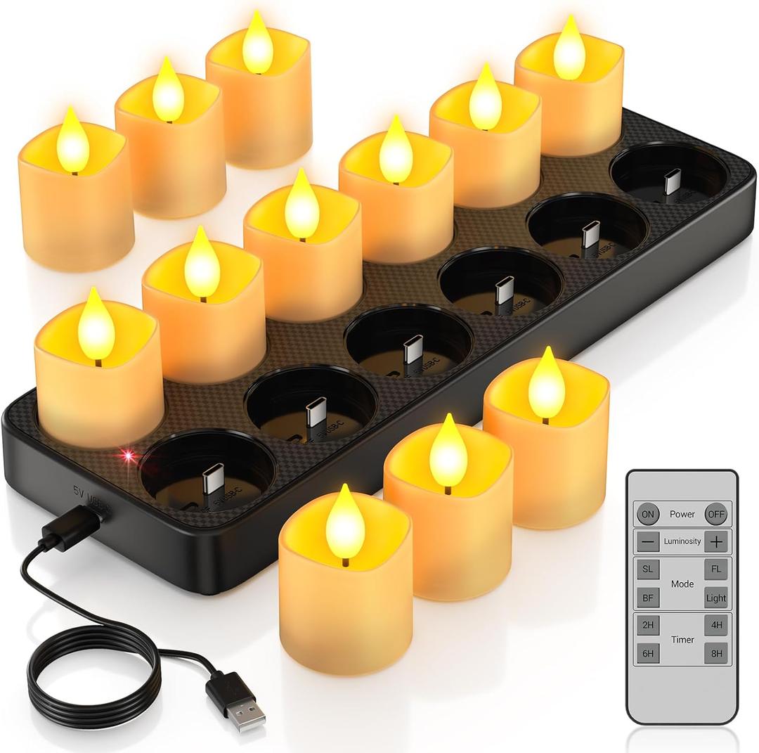 PChero Rechargeable Flameless Candles with Remote Timer & Charging Base, 12 Pack Votive Candles Battery Operated Tea Lights Flickering, LED Tealights for Home Wedding Halloween Fall Christmas Decor