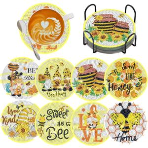 TDOOW Diamond Painting Coasters,8 Pcs Diamond Art Coastesr Kits with Holder, DIY Bee Diamond Art for Adults Beginner Crafts Kits for DIY Coaster