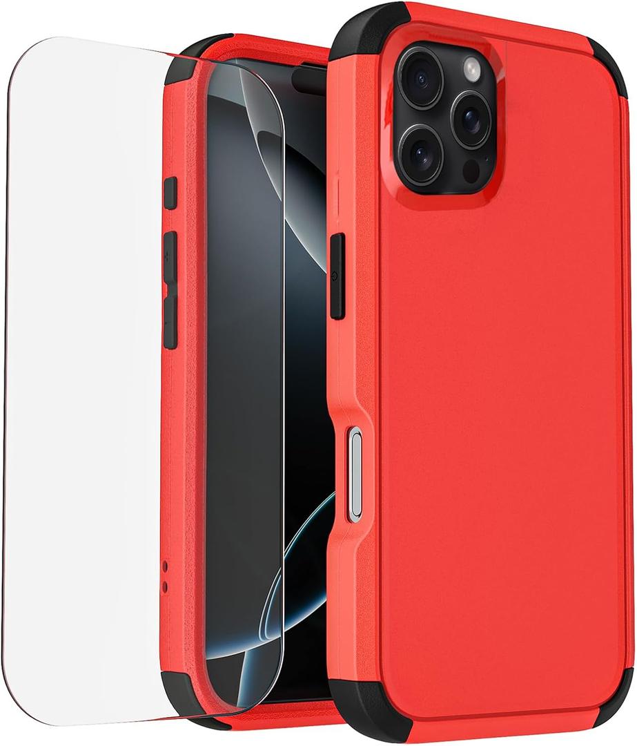 Compatible with iPhone 16 Pro Phone Case with Tempered Glass Screen Protector - 3 in 1 Shockproof Shock-Resistant Drop Protection Non-Slip Protective Case for Apple iPhone 16 Pro 6.3" (RedBlack)