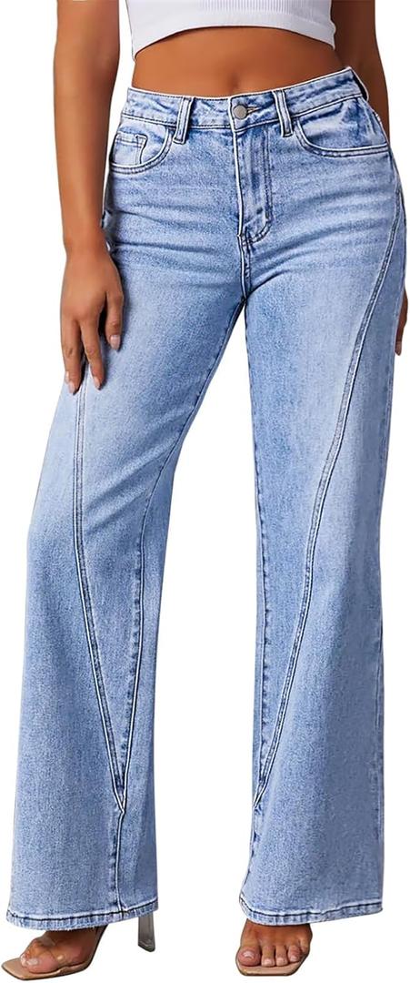 Pink Queen Wide Leg Jeans for Women 2025 High Waisted Casual Loose Fit Denim Pants Trendy Seamed Long Trousers with Pockets (Large, Light Blue)
