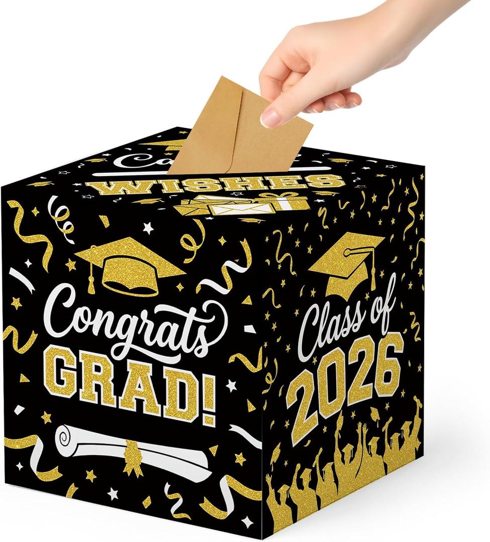 Graduation Decorations 2026 Card Box Holder, Class of 2026 Congrats Grad Gift Card Money Box for Graduation Party Supplies Table Decorations, 9x 9 x 9 inches
