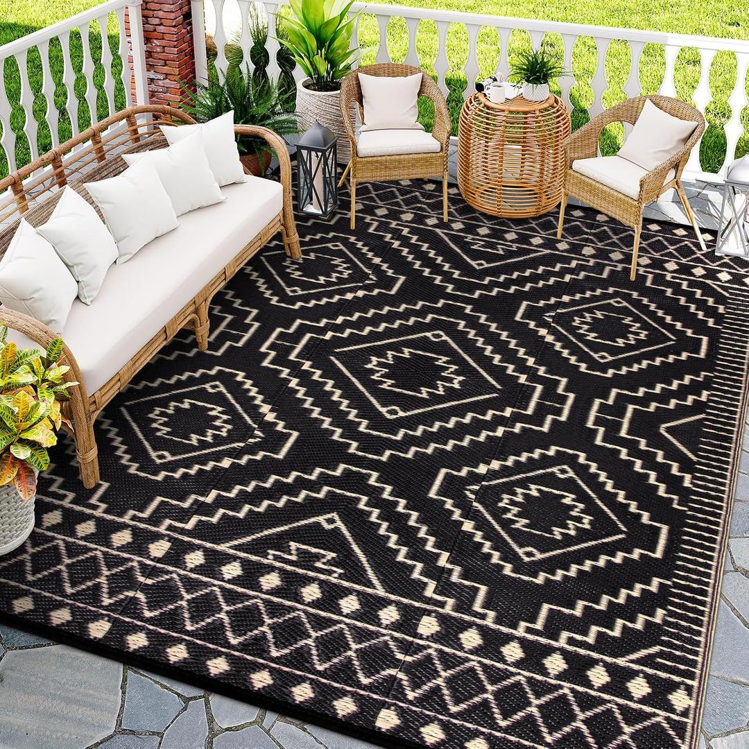 Wonnitar 9x12 Outdoor Rug, Large Waterproof Reversible Plastic Straw Rug for Patios, Indoor/Outdoor Area Rug Lightweight Camping Rug for Outside RV Balcony Garden Deck, Black & Beige