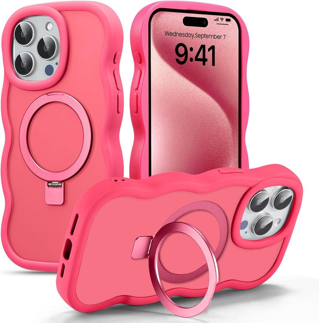 UEEBAI Magnetic for iPhone 16 Pro Max Case, [Compatible with MagSafe] [Built-in Kickstand] Translucent Wave Design Wavy Frame Matte Drop Protect Phone Case - Hot Pink