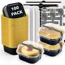 Ruckae 5oz 100 Pcs Square Mini Loaf Pans with Lids-Disposable Foil Dessert Containers,Mini Cake Pans with Lids,Aluminum Dessert Cups for Parties and Weddings (Black Gold, 5oz)