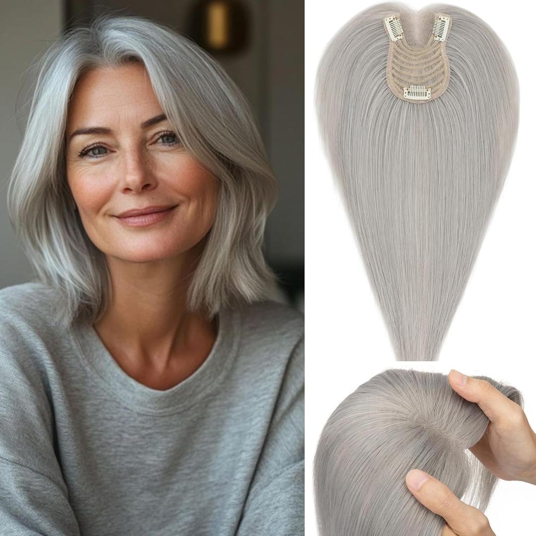 Rich Choices Hair Toppers for Women Real Human Hair Remy Hairs Toppers Hairpieces for Women with Thinning Crown Wispy Clip in Topper 14 Inch No Bang-#G1 Grey