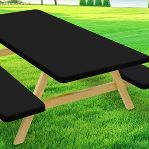 Picnic Table Cover with Bench Covers, Elastic Fitted Spandex Tablecloths for 6 Foot Rectangle Tables, Stretch Washable Patio Tablecloth for Outdoor, Camping (Black, 30"x70")